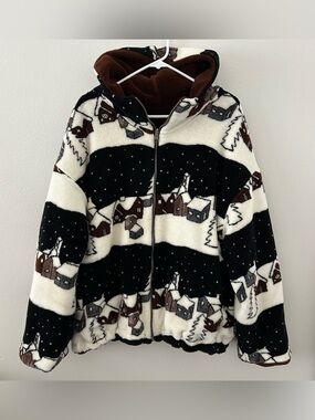 Vintage Denali Reversible Fleece Hooded Jacket Size L Winter Village Scene 90s